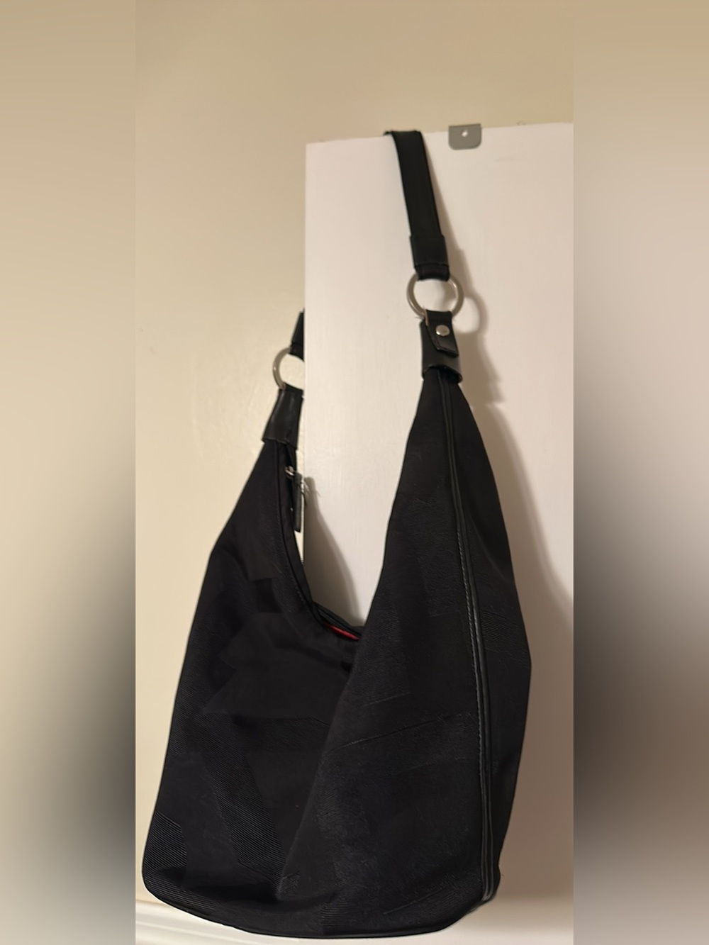 DKNY Black Monogram Jacquard Small Hobo Bag with Red Interior (12" x 8")